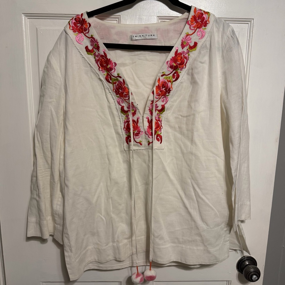 Trina Turk white cotton embroidered Costa Rica tunic
